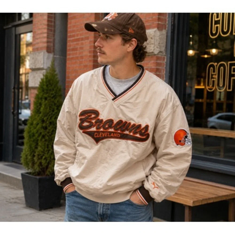 Vintage Cleveland Browns NFL Team XL Pullover Windbreaker Jacket Beige Y2K